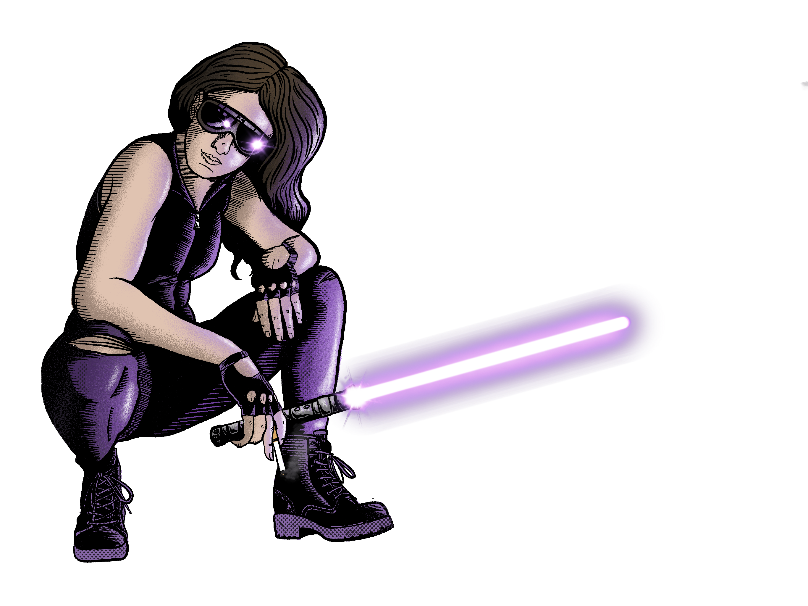 Jaina with goggles and her lightsaber